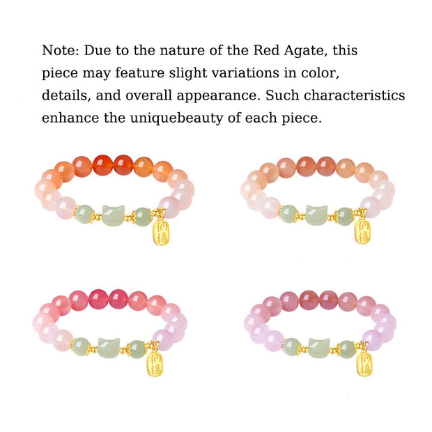 Buddha Stones 925 Sterling Silver Red Agate Hetian Jade Cat Fu Character Confidence Bracelet