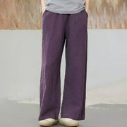 Buddha Stones Casual Plain Loose Straight Leg Women's Ramie Cotton Wide Leg Pants With Pockets