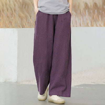 Buddha Stones Casual Plain Loose Straight Leg Women's Ramie Cotton Wide Leg Pants With Pockets