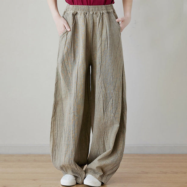 Buddha Stones Casual Plain Loose Tie-Dye Distressed Women's Ramie Pants With Pockets