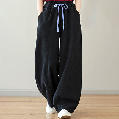 Buddha Stones Casual Plain Loose Rope Women's Cotton Linen Pants With Pockets