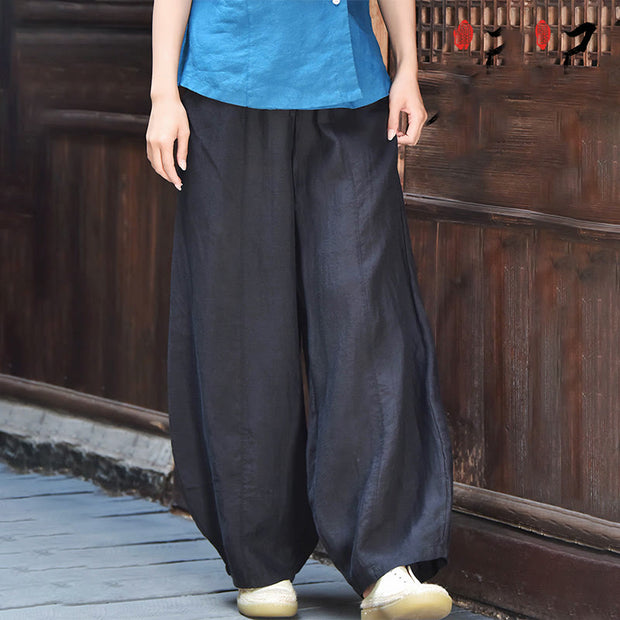 Buddha Stones Casual Plain Loose Rope Women's Cotton Linen Pants With Pockets