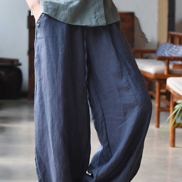 Buddha Stones Casual Plain Loose Rope Women's Cotton Linen Pants With Pockets