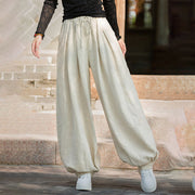 Buddha Stones Casual Plain Loose Waist Tie Rope Women's Ramie Cotton Pants With Pockets