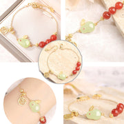 Buddha Stones Red Agate Beaded Hetian Jade Rabbit Fu Character Luck Buckle Chain Bracelet