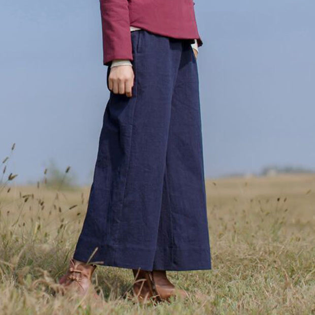 Buddha Stones Casual Plain Loose Women's Ramie Wide Leg Pants With Pockets