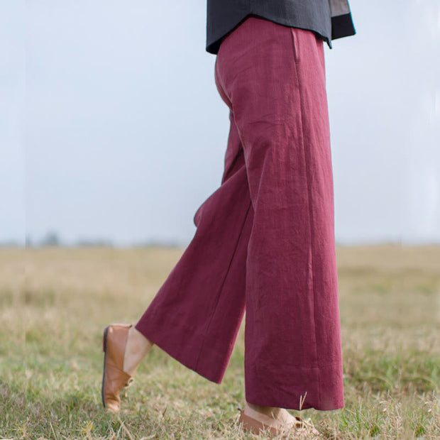 Buddha Stones Casual Plain Loose Women's Ramie Wide Leg Pants With Pockets