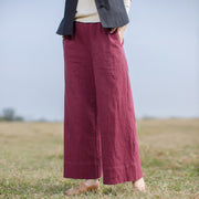 Buddha Stones Casual Plain Loose Women's Ramie Wide Leg Pants With Pockets