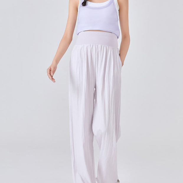 Buddha Stones Casual Plain Loose High elastic belly support Women's Viscose Wide Leg Pants With Pockets