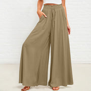 Buddha Stones Casual High Elastic Waist Plain Loose Women's Polyester Wide Leg Pants With Pockets