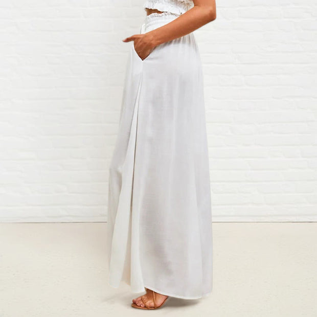 Buddha Stones Casual High Elastic Waist Plain Loose Women's Polyester Wide Leg Pants With Pockets