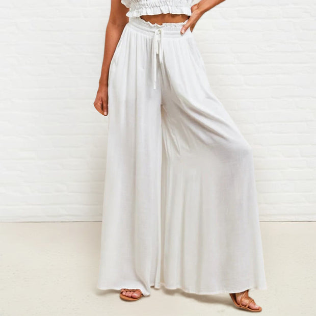 Buddha Stones Casual High Elastic Waist Plain Loose Women's Polyester Wide Leg Pants With Pockets