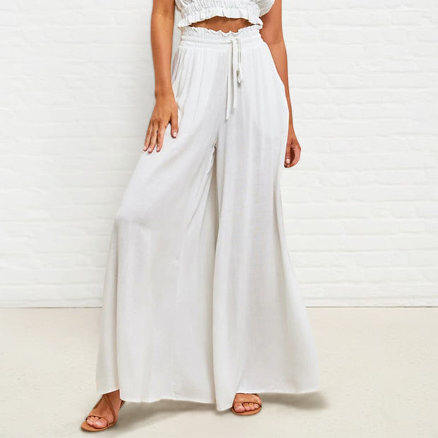 Buddha Stones Casual High Elastic Waist Plain Loose Women's Polyester Wide Leg Pants With Pockets