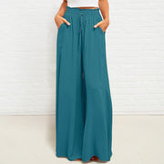 Buddha Stones Casual High Elastic Waist Plain Loose Women's Polyester Wide Leg Pants With Pockets