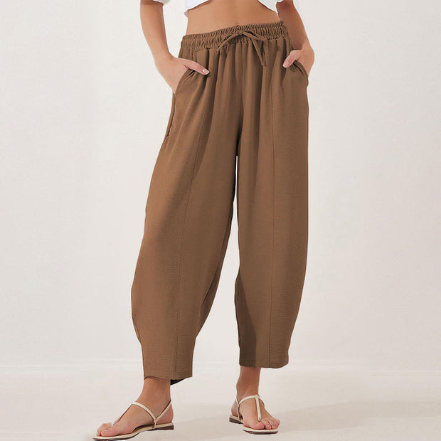 Buddha Stones Casual Plain Loose Drawstring Women's Polyester 7/8 Length Pants  With Pockets