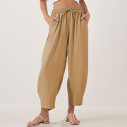 Buddha Stones Casual Plain Loose Drawstring Women's Polyester 7/8 Length Pants  With Pockets