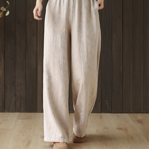 Buddha Stones Casual Loose Jacquard Women's Cotton Linen Wide Leg Pants With Pockets