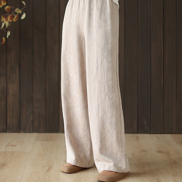 Buddha Stones Casual Loose Jacquard Women's Cotton Linen Wide Leg Pants With Pockets