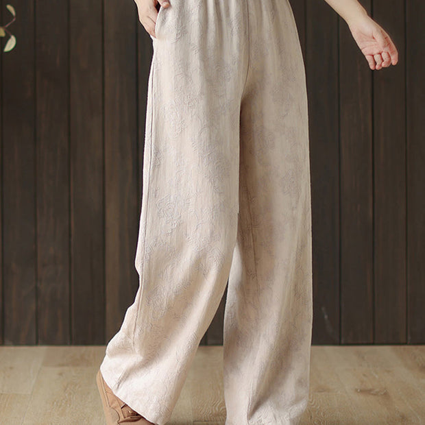 Buddha Stones Casual Loose Jacquard Women's Cotton Linen Wide Leg Pants With Pockets