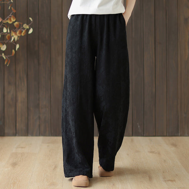 Buddha Stones Casual Loose Jacquard Women's Cotton Linen Wide Leg Pants With Pockets