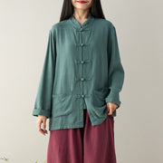 Buddha Stones Solid Color Frog-button Long Sleeve Cotton Linen Women's Shirts With Pockets