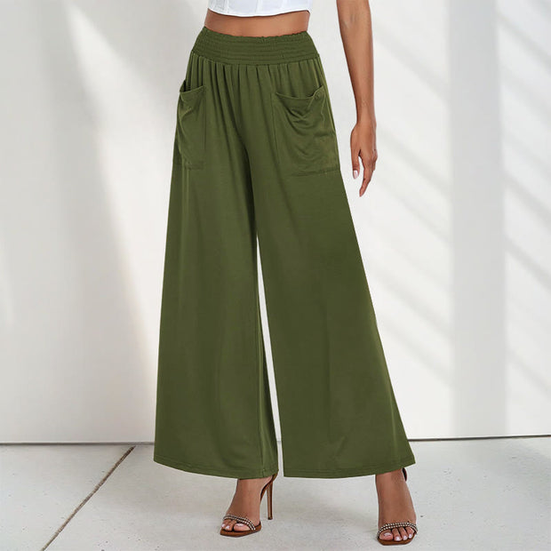 Buddha Stones Casual High Waist Plain Loose Women's Polyester Wide Leg Pants With Pockets