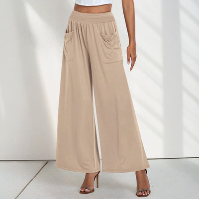 Buddha Stones Casual High Waist Plain Loose Women's Polyester Wide Leg Pants With Pockets