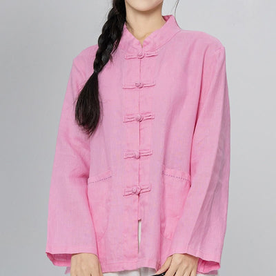 Buddha Stones Solid Color Frog-button Long Sleeve Flax Women's Shirts With Pockets