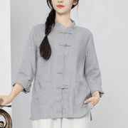 Buddha Stones Solid Color Frog-button Long Sleeve Linen Women's Shirts With Pockets