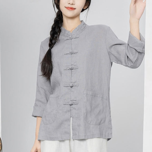 Buddha Stones Solid Color Frog-button Long Sleeve Flax Women's Shirts With Pockets