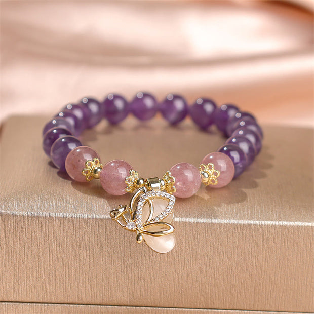 Buddha Stones Natural Amethyst Strawberry Quartz Crystal Healing Butterfly Charm Bracelet