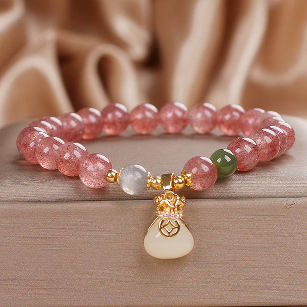 Buddha Stones Natural Strawberry Quartz Money Bag Charm Positive Bracelet