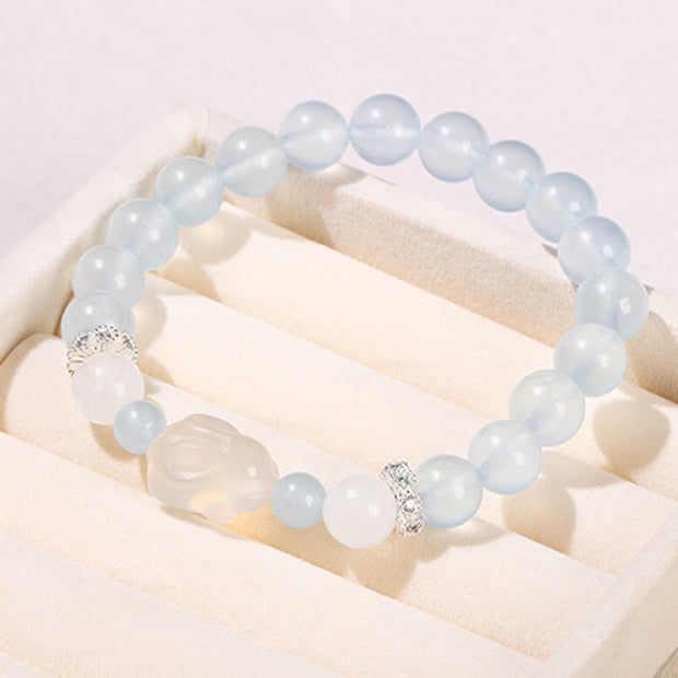 Buddha Stones Blue Chalcedony White Agate Rabbit Emotional Balance Bracelet