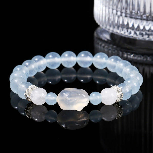 Buddha Stones Blue Chalcedony White Agate Rabbit Emotional Balance Bracelet