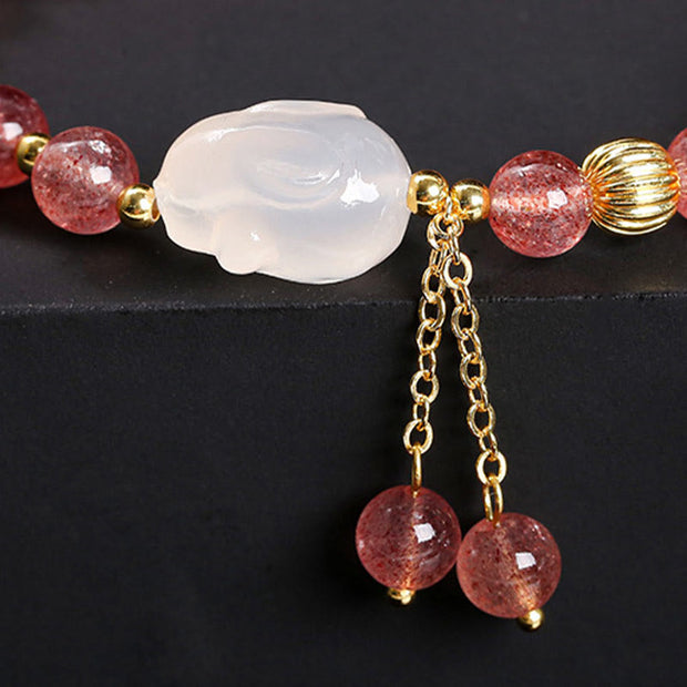 Buddha Stones Natural Strawberry Quartz Agate Rabbit Healing Bracelet