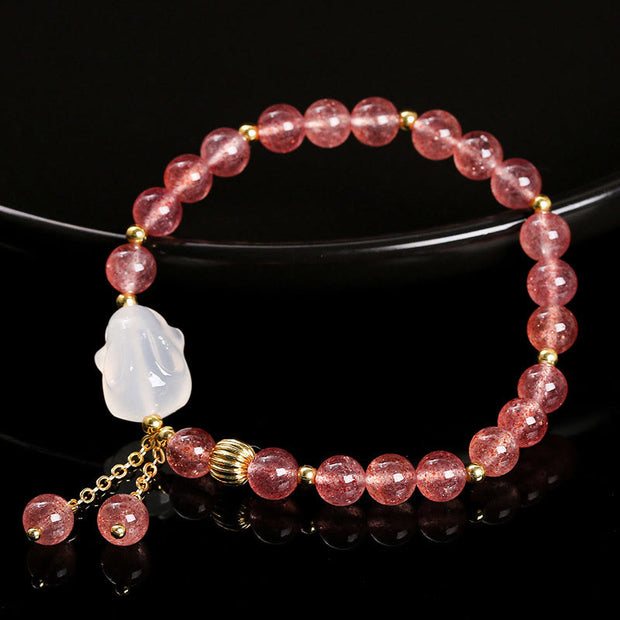 Buddha Stones Natural Strawberry Quartz Agate Rabbit Healing Bracelet