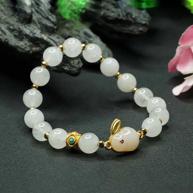 Buddha Stones Golden Silk Jade Cute Rabbit Luck Bracelet