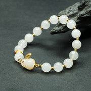 Buddha Stones Golden Silk Jade Cute Rabbit Luck Bracelet