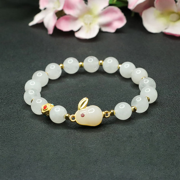 Buddha Stones Golden Silk Jade Cute Rabbit Luck Bracelet