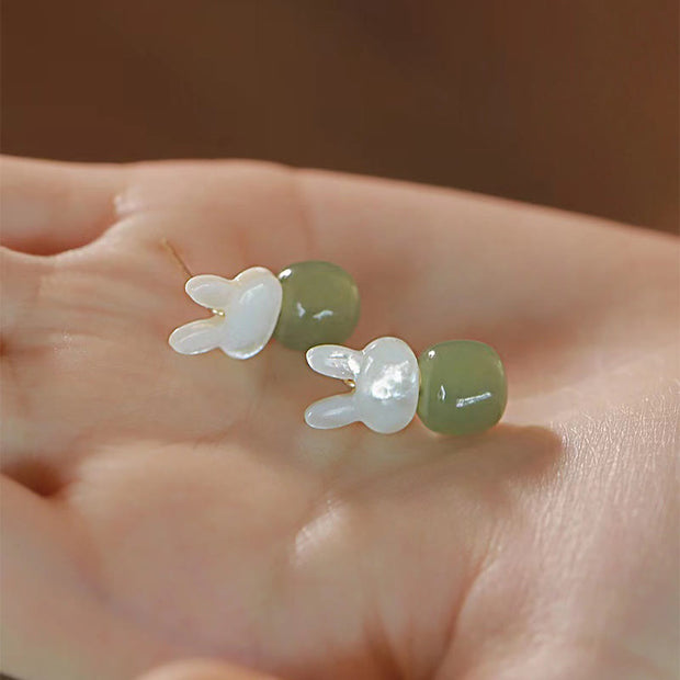 Buddha Stones Tridacna Stone Cute Rabbit Hetian Jade Luck Earrings