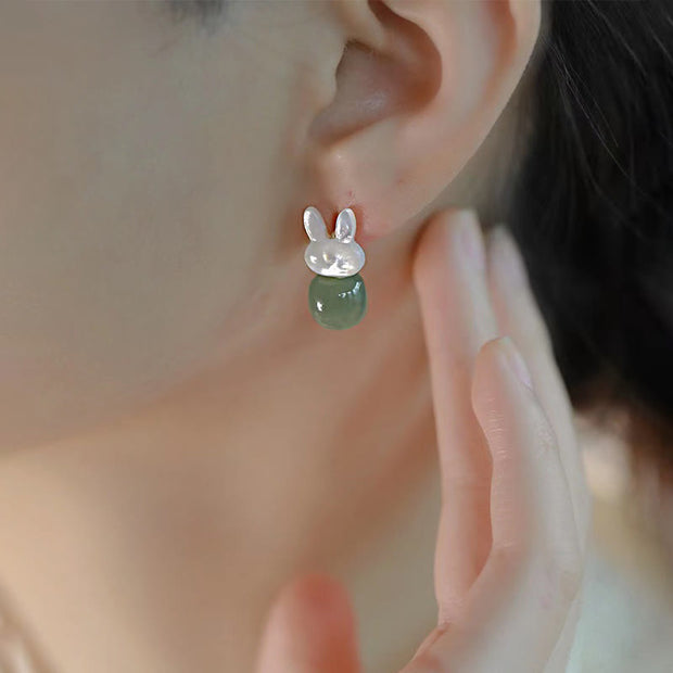 Buddha Stones Tridacna Stone Cute Rabbit Hetian Jade Luck Earrings