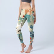 Buddha Stones Cranes Plum Blossoms Mountains Print Gym Leggings Women's Yoga Pants - LightSeaGreen - US18，UK/AU22，EU50 (4XL) - image 1
