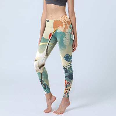 Buddha Stones Cranes Plum Blossoms Mountains Print Gym Leggings Women's Yoga Pants - LightSeaGreen - US18，UK/AU22，EU50 (4XL) - image 1