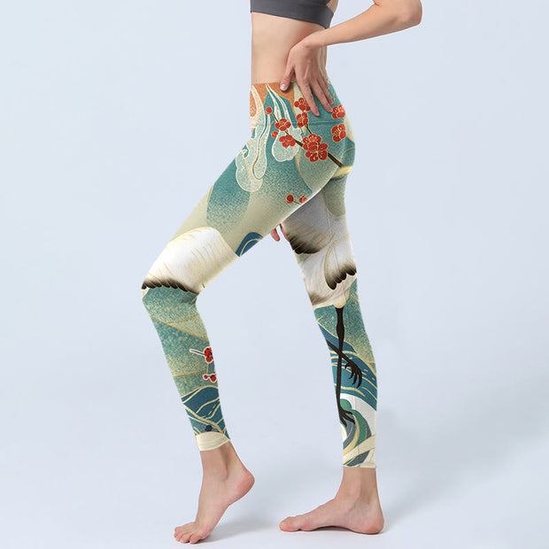 Buddha Stones Cranes Plum Blossoms Mountains Print Gym Leggings Women's Yoga Pants - image 3