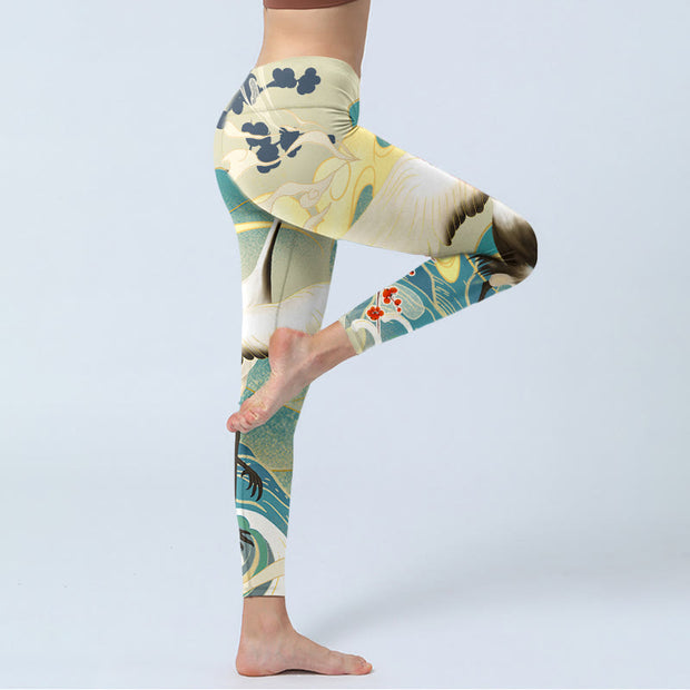 Buddha Stones Cranes Plum Blossoms Mountains Print Gym Leggings Women's Yoga Pants - image 5