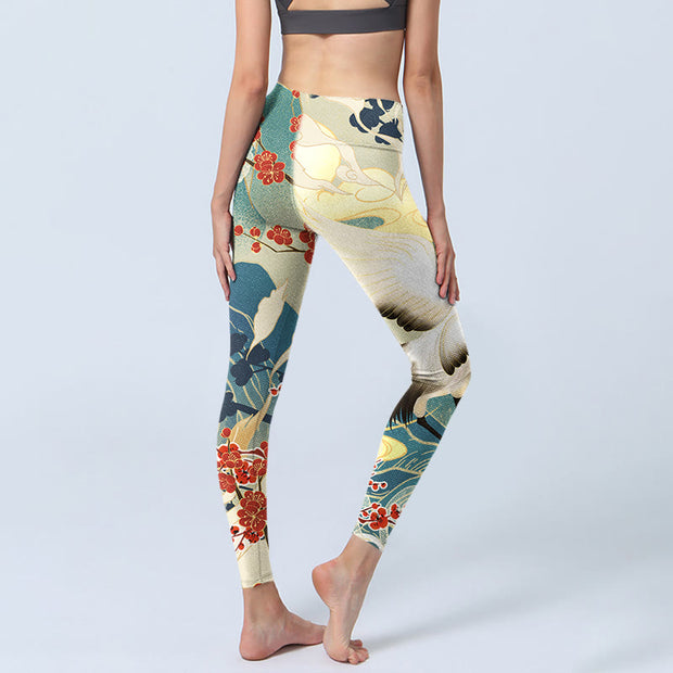 Buddha Stones Cranes Plum Blossoms Mountains Print Gym Leggings Women's Yoga Pants - image 4