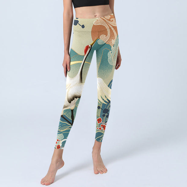 Buddha Stones Cranes Plum Blossoms Mountains Print Gym Leggings Women's Yoga Pants - image 6
