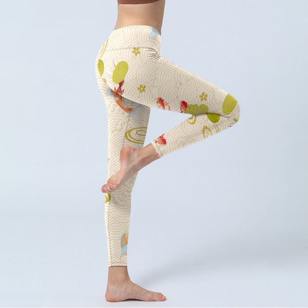 Buddha Stones Koi Fish Lotus Leaves Print Gym Leggings Women's Yoga Pants - image 5