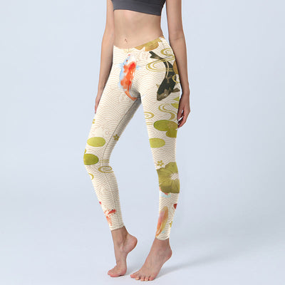 Buddha Stones Koi Fish Lotus Leaves Print Gym Leggings Women's Yoga Pants - Ivory - US18，UK/AU22，EU50 (4XL) - image 1