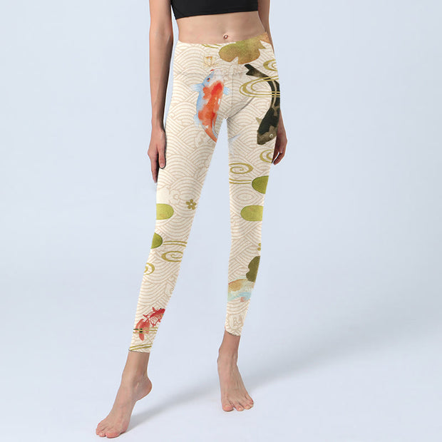 Buddha Stones Koi Fish Lotus Leaves Print Gym Leggings Women's Yoga Pants - image 6